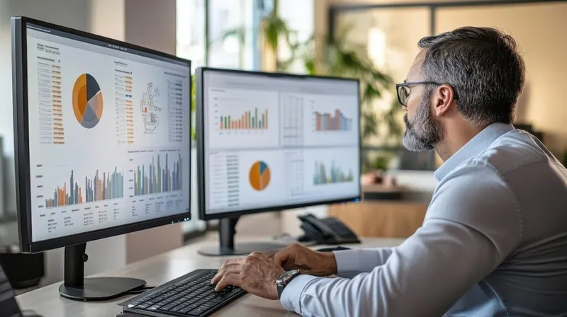 Financial analyst reviewing charts across two monitors