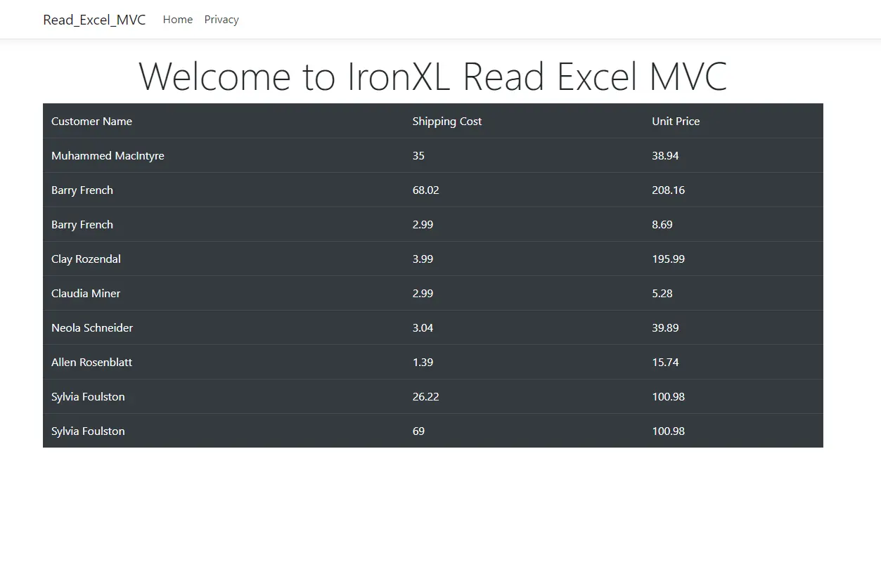 Read Excel Files in ASP.NET MVC Using IronXL, Figure 2: Bootstrap Table